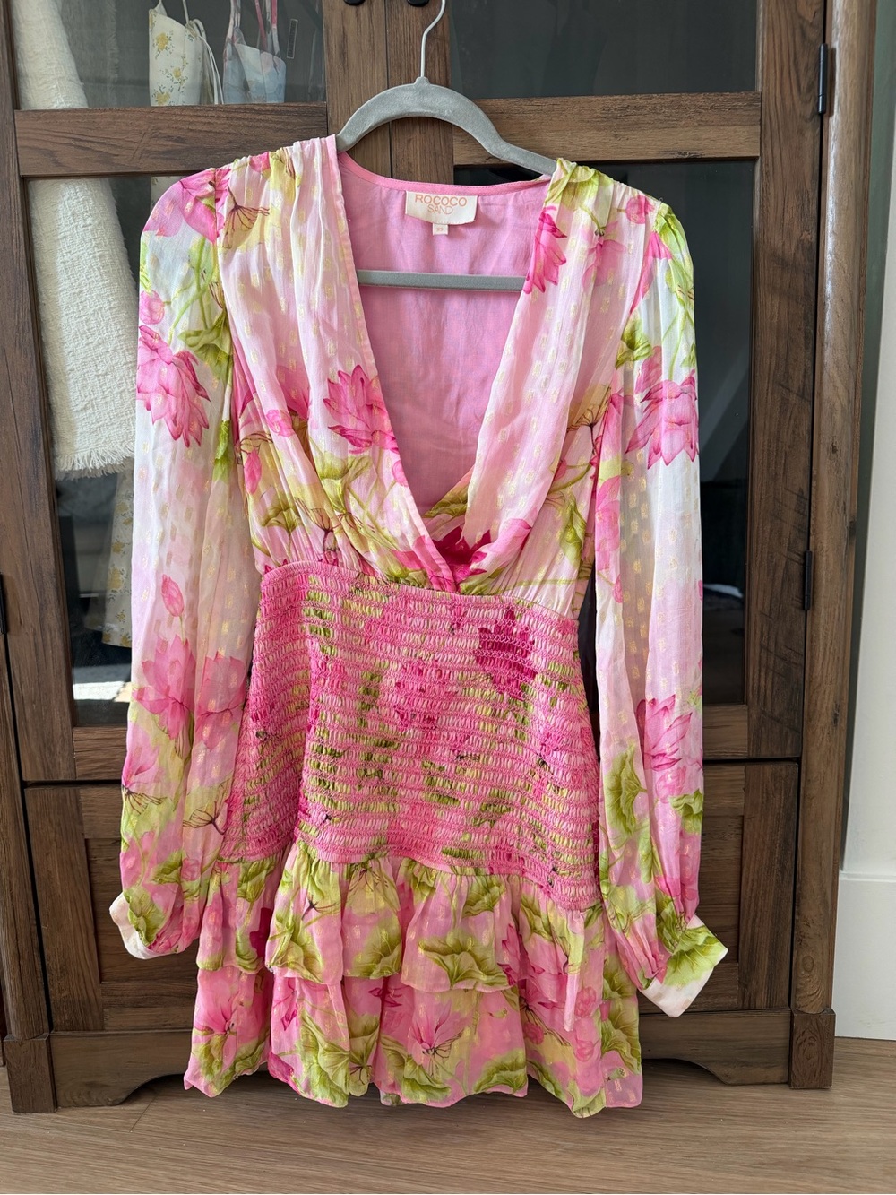 Rococo Sand Pink Floral Long-Sleeve Smocked Mini Dress